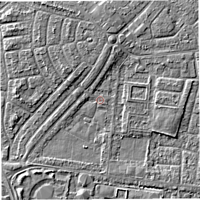 Shaded relief map of the ground around WA29PH, computed from Environment Agency LiDAR. The ground here sits at about 9 m above sea level and falls 4 m across the surrounding 800 m. The ground contributing surface water to this point lies to the north-west.