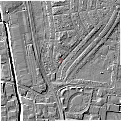 Shaded relief map of the ground around WA29PL, computed from Environment Agency LiDAR. The ground here sits at about 8 m above sea level and falls 7 m across the surrounding 800 m. Surface water reaching this point runs off ground lying to the north, 3.2 m higher.