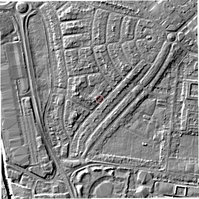 Shaded relief map of the ground around WA29PN, computed from Environment Agency LiDAR. The ground here sits at about 9 m above sea level and falls 6 m across the surrounding 800 m. Surface water reaching this point runs off ground lying to the north-east, 2.4 m higher.