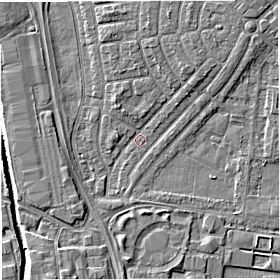 Shaded relief map of the ground around WA29PY, computed from Environment Agency LiDAR. The ground here sits at about 8 m above sea level and falls 6 m across the surrounding 800 m. Surface water reaching this point runs off ground lying to the north-north-west, 3.2 m higher.