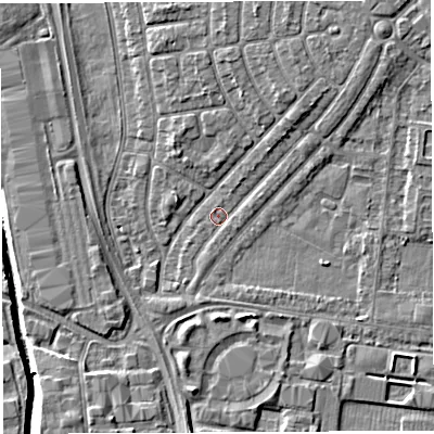 Shaded relief map of the ground around WA29QB, computed from Environment Agency LiDAR. The ground here sits at about 8 m above sea level and falls 6 m across the surrounding 800 m. Surface water reaching this point runs off ground lying to the north-north-west, 3.2 m higher.