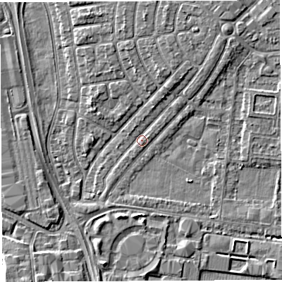 Shaded relief map of the ground around WA29QD, computed from Environment Agency LiDAR. The ground here sits at about 9 m above sea level and falls 4 m across the surrounding 800 m. Surface water reaching this point runs off ground lying to the north-north-west, 3.2 m higher.