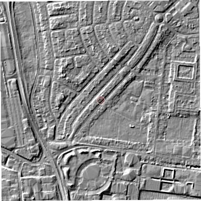 Shaded relief map of the ground around WA29QG, computed from Environment Agency LiDAR. The ground here sits at about 8 m above sea level and falls 4 m across the surrounding 800 m. Surface water reaching this point runs off ground lying to the north-north-west, 3.2 m higher.