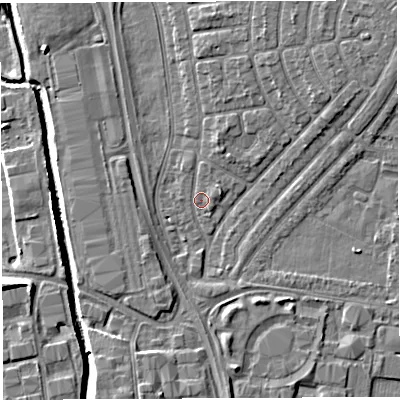 Shaded relief map of the ground around WA29QP, computed from Environment Agency LiDAR. The ground here sits at about 8 m above sea level and falls 7 m across the surrounding 800 m. Surface water reaching this point runs off ground lying to the north, 3.2 m higher.