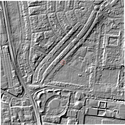 Shaded relief map of the ground around WA29QQ, computed from Environment Agency LiDAR. The ground here sits at about 8 m above sea level and falls 4 m across the surrounding 800 m. Surface water reaching this point runs off ground lying to the north-north-west, 3.2 m higher.
