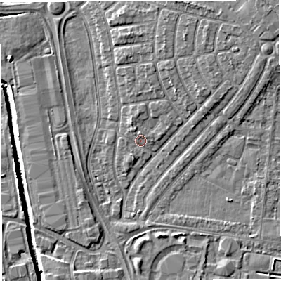 Shaded relief map of the ground around WA29QR, computed from Environment Agency LiDAR. The ground here sits at about 9 m above sea level and falls 7 m across the surrounding 800 m. Surface water reaching this point runs off ground lying to the north-west, 1.4 m higher.
