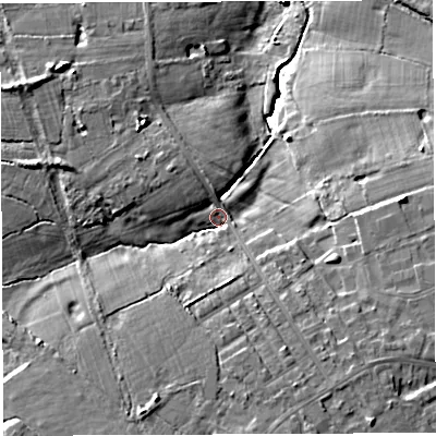 Shaded relief map of the ground around WA31AZ, computed from Environment Agency LiDAR. The ground here sits at about 26 m above sea level and falls 17 m across the surrounding 800 m. Surface water reaching this point runs off ground lying to the south-south-west, 7.9 m higher.