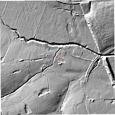 Shaded relief map of the ground around WA31BS, computed from Environment Agency LiDAR. The ground here sits at about 23 m above sea level and falls 16 m across the surrounding 800 m. Surface water reaching this point runs off ground lying to the west-south-west, 6.0 m higher.