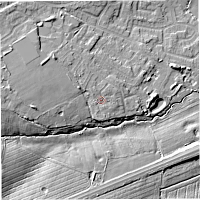 Shaded relief map of the ground around WA31FQ, computed from Environment Agency LiDAR. The ground here sits at about 27 m above sea level and falls 12 m across the surrounding 800 m. Surface water reaching this point runs off ground lying to the north-west, 1.3 m higher.