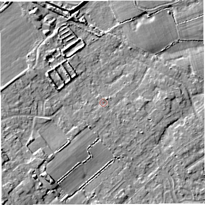 Shaded relief map of the ground around WA32EP, computed from Environment Agency LiDAR. The ground here sits at about 34 m above sea level and falls 10 m across the surrounding 800 m. Surface water reaching this point runs off ground lying to the south-south-west, 1.0 m higher.