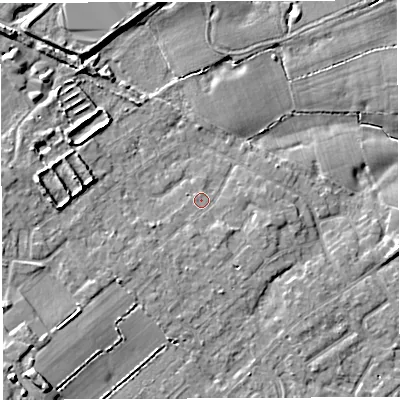 Shaded relief map of the ground around WA32ER, computed from Environment Agency LiDAR. The ground here sits at about 33 m above sea level and falls 11 m across the surrounding 800 m. Surface water reaching this point runs off ground lying to the south-east, 1.1 m higher.