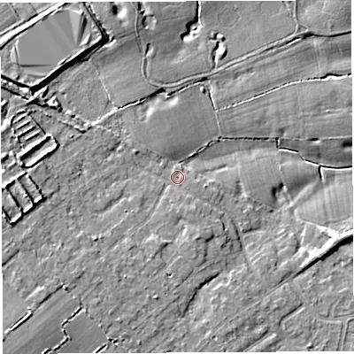 Shaded relief map of the ground around WA32HH, computed from Environment Agency LiDAR. The ground here sits at about 33 m above sea level and falls 8 m across the surrounding 800 m. Surface water reaching this point runs off ground lying to the south-south-east, 1.1 m higher.