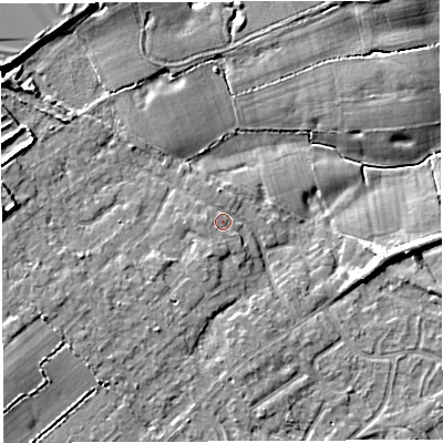 Shaded relief map of the ground around WA32HQ, computed from Environment Agency LiDAR. The ground here sits at about 33 m above sea level and falls 9 m across the surrounding 800 m. Surface water reaching this point runs off ground lying to the west, 1.3 m higher.