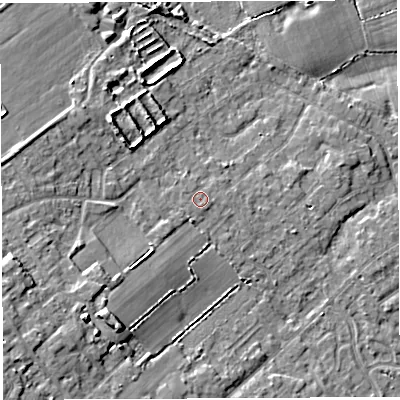 Shaded relief map of the ground around WA32HT, computed from Environment Agency LiDAR. The ground here sits at about 34 m above sea level and falls 9 m across the surrounding 800 m. Surface water reaching this point runs off ground lying to the south-east, 0.7 m higher.