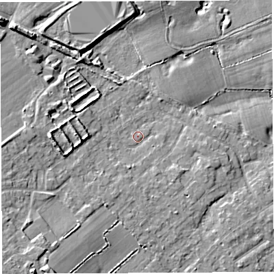 Shaded relief map of the ground around WA32HX, computed from Environment Agency LiDAR. The ground here sits at about 33 m above sea level and falls 10 m across the surrounding 800 m. Surface water reaching this point runs off ground lying to the south-west, 5.6 m higher.