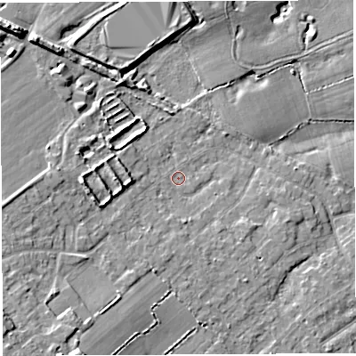 Shaded relief map of the ground around WA32JG, computed from Environment Agency LiDAR. The ground here sits at about 33 m above sea level and falls 10 m across the surrounding 800 m. Surface water reaching this point runs off ground lying to the south-west, 6.7 m higher.