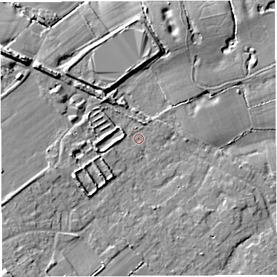 Shaded relief map of the ground around WA32JQ, computed from Environment Agency LiDAR. The ground here sits at about 33 m above sea level and falls 10 m across the surrounding 800 m. Surface water reaching this point runs off ground lying to the west, 2.6 m higher.