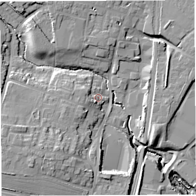 Shaded relief map of the ground around WA33BD, computed from Environment Agency LiDAR. The ground here sits at about 36 m above sea level and falls 20 m across the surrounding 800 m. Surface water reaching this point runs off ground lying to the west-south-west, 5.5 m higher.