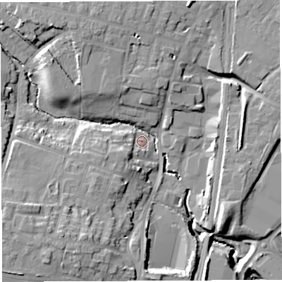 Shaded relief map of the ground around WA33BE, computed from Environment Agency LiDAR. The ground here sits at about 34 m above sea level and falls 19 m across the surrounding 800 m. Surface water reaching this point runs off ground lying to the south-west, 13.2 m higher.