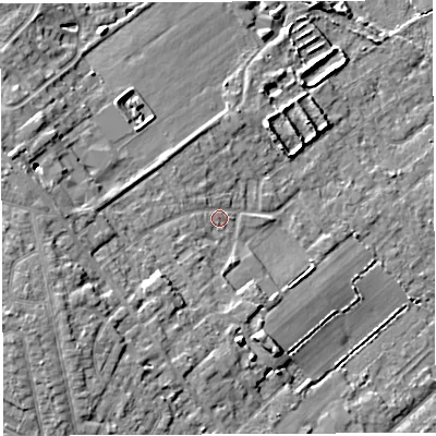 Shaded relief map of the ground around WA33EZ, computed from Environment Agency LiDAR. The ground here sits at about 36 m above sea level and falls 11 m across the surrounding 800 m. Surface water reaching this point runs off ground lying to the west-south-west, 6.7 m higher.