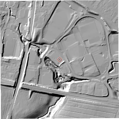 Shaded relief map of the ground around WA33GT, computed from Environment Agency LiDAR. The ground here sits at about 34 m above sea level and falls 19 m across the surrounding 800 m. Surface water reaching this point runs off ground lying to the south-south-east, 3.0 m higher.