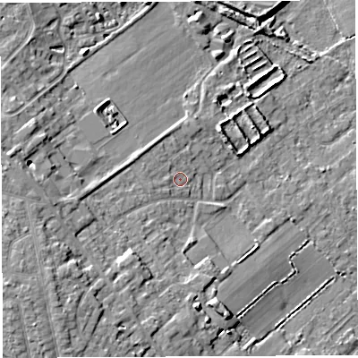 Shaded relief map of the ground around WA33HE, computed from Environment Agency LiDAR. The ground here sits at about 36 m above sea level and falls 11 m across the surrounding 800 m. Surface water reaching this point runs off ground lying to the west-south-west, 3.7 m higher.