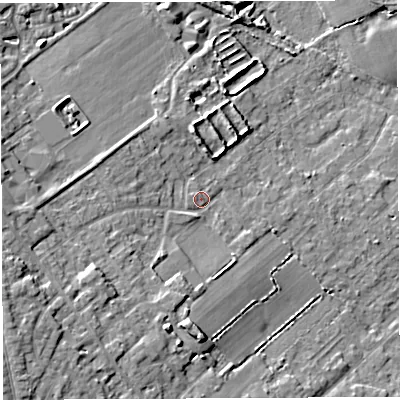 Shaded relief map of the ground around WA33HF, computed from Environment Agency LiDAR. The ground here sits at about 35 m above sea level and falls 11 m across the surrounding 800 m. Surface water reaching this point runs off ground lying to the south-south-west, 1.4 m higher.