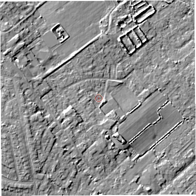 Shaded relief map of the ground around WA33HG, computed from Environment Agency LiDAR. The ground here sits at about 36 m above sea level and falls 10 m across the surrounding 800 m. Surface water reaching this point runs off ground lying to the south-south-west, 3.7 m higher.