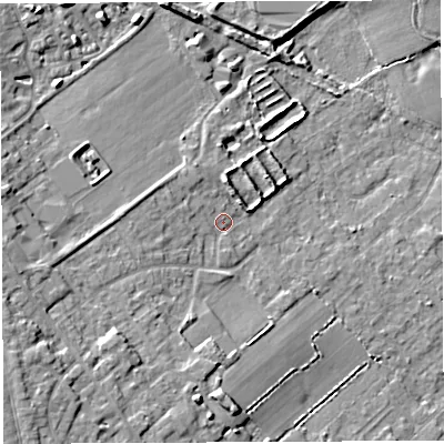 Shaded relief map of the ground around WA33HY, computed from Environment Agency LiDAR. The ground here sits at about 35 m above sea level and falls 11 m across the surrounding 800 m. Surface water reaching this point runs off ground lying to the south-west, 7.6 m higher.