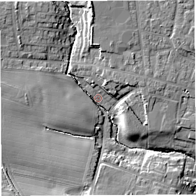 Shaded relief map of the ground around WA33NH, computed from Environment Agency LiDAR. The ground here sits at about 35 m above sea level and falls 14 m across the surrounding 800 m. Surface water reaching this point runs off ground lying to the north, 11.7 m higher.