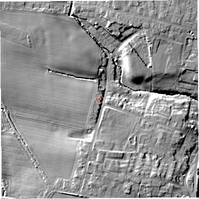 Shaded relief map of the ground around WA33NU, computed from Environment Agency LiDAR. The ground here sits at about 40 m above sea level and falls 14 m across the surrounding 800 m. Surface water reaching this point runs off ground lying to the south, 7.7 m higher.