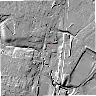 Shaded relief map of the ground around WA33PY, computed from Environment Agency LiDAR. The ground here sits at about 34 m above sea level and falls 18 m across the surrounding 800 m. Surface water reaching this point runs off ground lying to the north, 2.3 m higher.