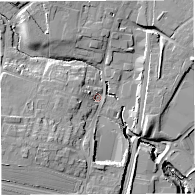 Shaded relief map of the ground around WA33QD, computed from Environment Agency LiDAR. The ground here sits at about 34 m above sea level and falls 20 m across the surrounding 800 m. Surface water reaching this point runs off ground lying to the south-west, 11.6 m higher.