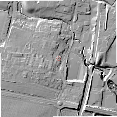 Shaded relief map of the ground around WA33QE, computed from Environment Agency LiDAR. The ground here sits at about 39 m above sea level and falls 19 m across the surrounding 800 m. Surface water reaching this point runs off ground lying to the west-south-west, 6.1 m higher.