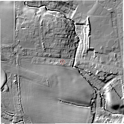 Shaded relief map of the ground around WA33QL, computed from Environment Agency LiDAR. The ground here sits at about 38 m above sea level and falls 13 m across the surrounding 800 m. Surface water reaching this point runs off ground lying to the west-north-west, 6.2 m higher.