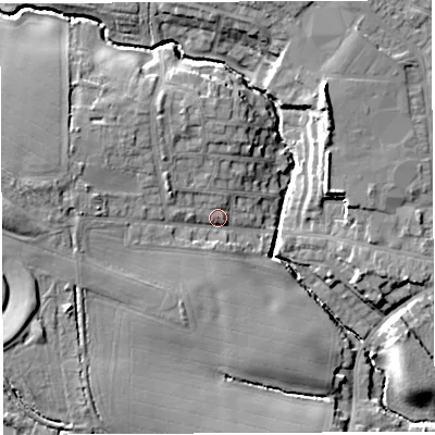 Shaded relief map of the ground around WA33QN, computed from Environment Agency LiDAR. The ground here sits at about 39 m above sea level and falls 13 m across the surrounding 800 m. Surface water reaching this point runs off ground lying to the west, 5.7 m higher.