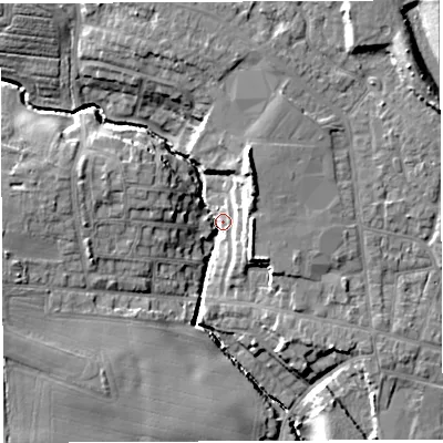 Shaded relief map of the ground around WA33QQ, computed from Environment Agency LiDAR. The ground here sits at about 38 m above sea level and falls 16 m across the surrounding 800 m. Surface water reaching this point runs off ground lying to the north-north-east, 10.3 m higher.