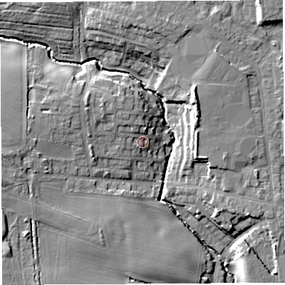 Shaded relief map of the ground around WA33QZ, computed from Environment Agency LiDAR. The ground here sits at about 39 m above sea level and falls 13 m across the surrounding 800 m. Surface water reaching this point runs off ground lying to the north-west, 2.9 m higher.