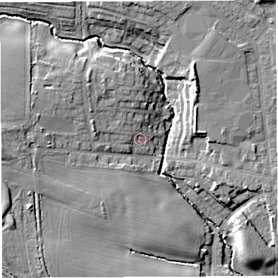 Shaded relief map of the ground around WA33RB, computed from Environment Agency LiDAR. The ground here sits at about 38 m above sea level and falls 13 m across the surrounding 800 m. Surface water reaching this point runs off ground lying to the north-west, 4.4 m higher.