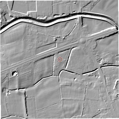 Shaded relief map of the ground around WA34AW, computed from Environment Agency LiDAR. The ground here sits at about 14 m above sea level and falls 11 m across the surrounding 800 m. Surface water reaching this point runs off ground lying to the west-south-west, 11.0 m higher.