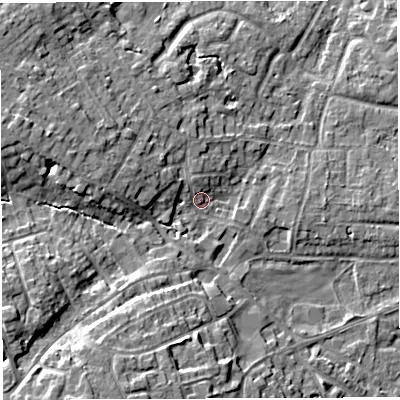 Shaded relief map of the ground around WA34BJ, computed from Environment Agency LiDAR. The ground here sits at about 26 m above sea level and falls 10 m across the surrounding 800 m. Surface water reaching this point runs off ground lying to the north-north-west, 1.7 m higher.