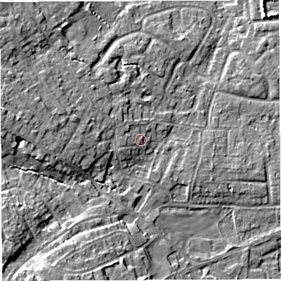 Shaded relief map of the ground around WA34BN, computed from Environment Agency LiDAR. The ground here sits at about 27 m above sea level and falls 10 m across the surrounding 800 m. Surface water reaching this point runs off ground lying to the west, 3.4 m higher.