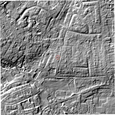 Shaded relief map of the ground around WA34BS, computed from Environment Agency LiDAR. The ground here sits at about 26 m above sea level and falls 10 m across the surrounding 800 m. Surface water reaching this point runs off ground lying to the south, 0.7 m higher.