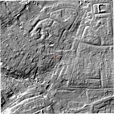 Shaded relief map of the ground around WA34BT, computed from Environment Agency LiDAR. The ground here sits at about 26 m above sea level and falls 11 m across the surrounding 800 m. Surface water reaching this point runs off ground lying to the west, 2.0 m higher.