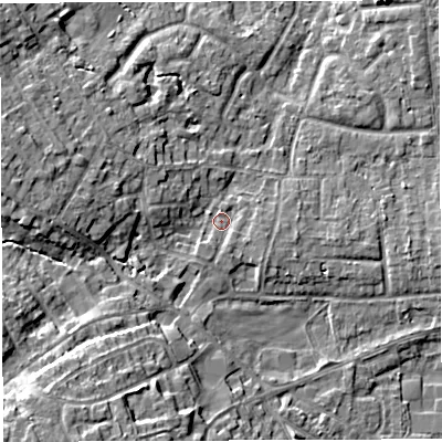 Shaded relief map of the ground around WA34BW, computed from Environment Agency LiDAR. The ground here sits at about 26 m above sea level and falls 10 m across the surrounding 800 m. Surface water reaching this point runs off ground lying to the west-south-west, 5.6 m higher.