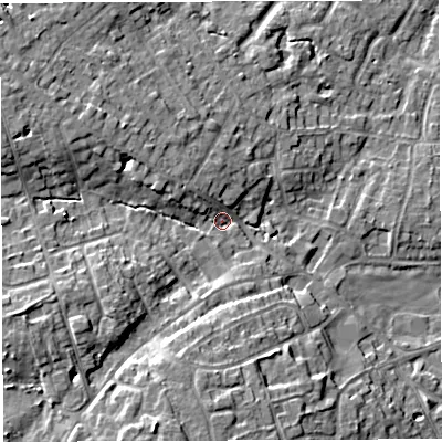Shaded relief map of the ground around WA34EY, computed from Environment Agency LiDAR. The ground here sits at about 27 m above sea level and falls 11 m across the surrounding 800 m. Surface water reaching this point runs off ground lying to the south-south-west, 7.8 m higher.