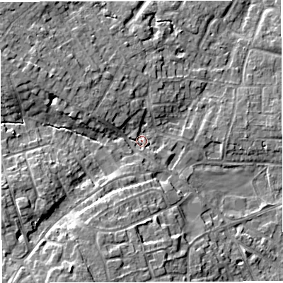 Shaded relief map of the ground around WA34HA, computed from Environment Agency LiDAR. The ground here sits at about 26 m above sea level and falls 11 m across the surrounding 800 m. Surface water reaching this point runs off ground lying to the south-south-west, 8.7 m higher.