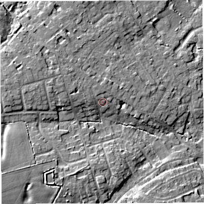 Shaded relief map of the ground around WA34HE, computed from Environment Agency LiDAR. The ground here sits at about 31 m above sea level and falls 11 m across the surrounding 800 m. Surface water reaching this point runs off ground lying to the north-north-west, 1.9 m higher.