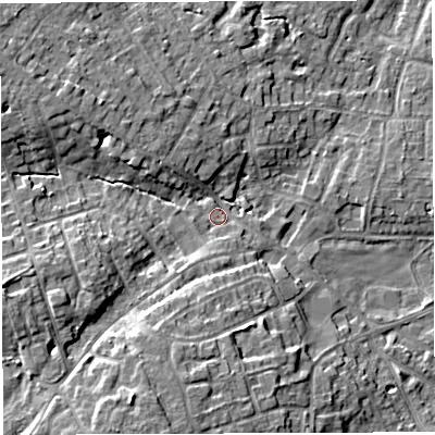 Shaded relief map of the ground around WA34JH, computed from Environment Agency LiDAR. The ground here sits at about 27 m above sea level and falls 10 m across the surrounding 800 m. Surface water reaching this point runs off ground lying to the south-south-west, 7.8 m higher.