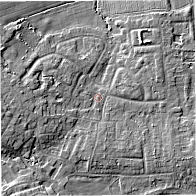 Shaded relief map of the ground around WA34JX, computed from Environment Agency LiDAR. The ground here sits at about 25 m above sea level and falls 9 m across the surrounding 800 m. Surface water reaching this point runs off ground lying to the west-south-west, 5.6 m higher.